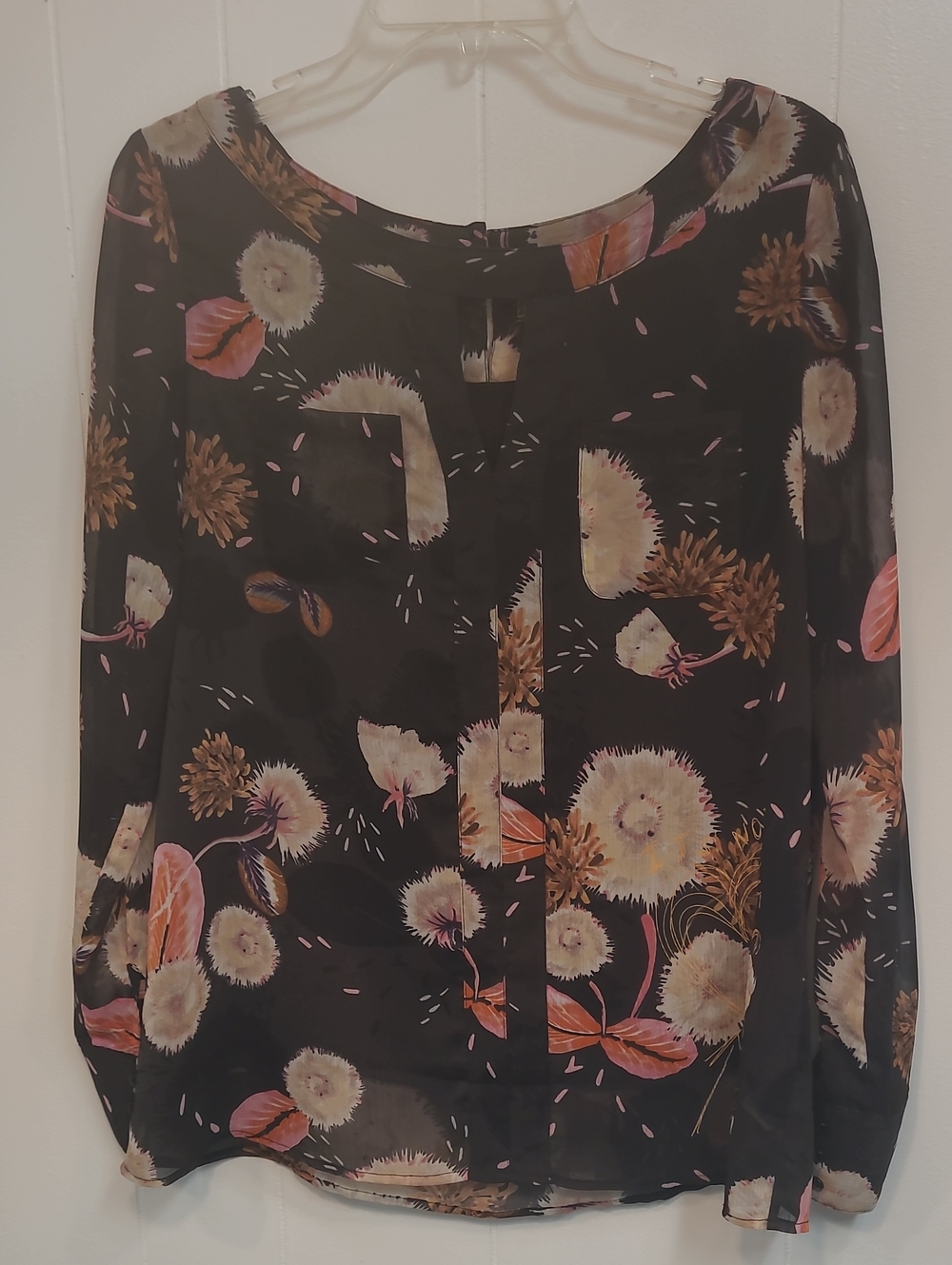 Desigual Dandelion and Mimosa Floral Black Sheer Blouse Sz Large  Key Hole Neck
